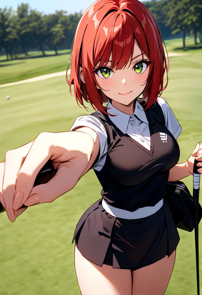 sound high resolution 8k beauty Woman playing golf Golf course Beautiful woman Bobcut Red hair Black Golf Wear mini skirt smile looking at the camera nice shot