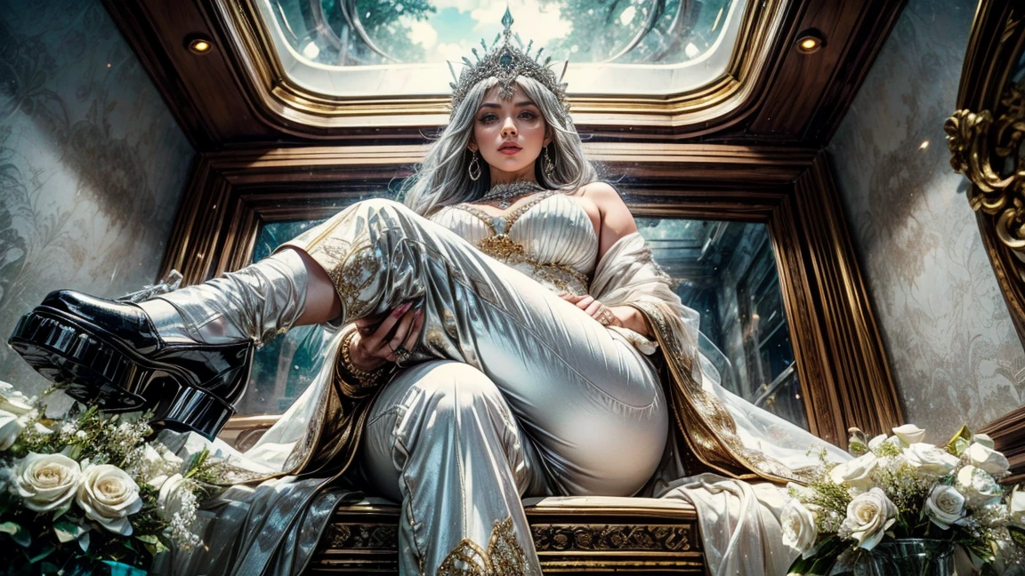 masterpiece, best quality,4k,(Front view close-up:1.3), beautiful vampire Queen sitting upon (grand and wide Gothic throne) with crossed legs, (veiled robe with golden embellishments), (high boots), (arched stained glass windows behind the throne), marble columns, flowing white hair, sparkling blue eyes, (soft pastel style:1.5), masterpiece in maximum 16K resolution, superb quality, ultra detailed