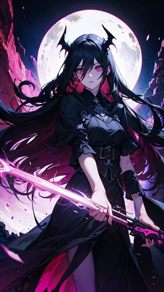 a beautiful long-haired girl with pink eyes, demon horns, demon wings, mischievous expression, cinematic lighting, dark fantasy, vibrant colors, dramatic shadows, moody atmosphere, digital painting, black hair, long coat