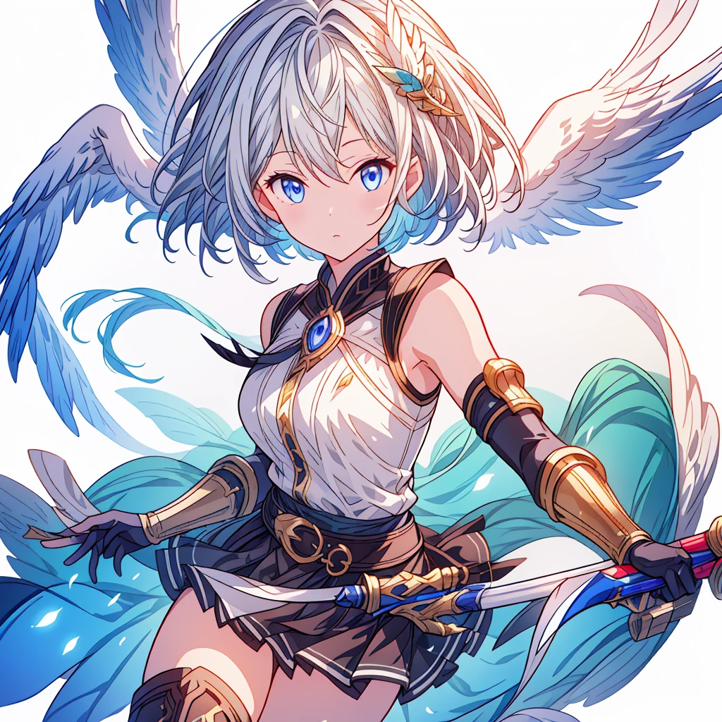Dynamic composition、(((One girl))),One girl, alone, Milky white short hair, Magic wand, wing, Black background, sword, Knee socks, Holding, skirt, hair ornaments, gloves, boots, feathered wing, Holding 武器, feather, Two-Way, black skirt, blue eyes, black gloves, Milky hair, whole body, belt, Exposing shoulders, thigh boots, Holding sword, elbow gloves, Gauntlet, [(White Background:1.5),::5] (Isoscale:1.0), Double Exposure, bubble,
Mid Shot, whole body,masterpiece, highest quality,(colorful),(Beautifully detailed eyes and face),Cinema Lighting,Highly detailed CG Unity 8k wallpaper、Super huge、whole body、
