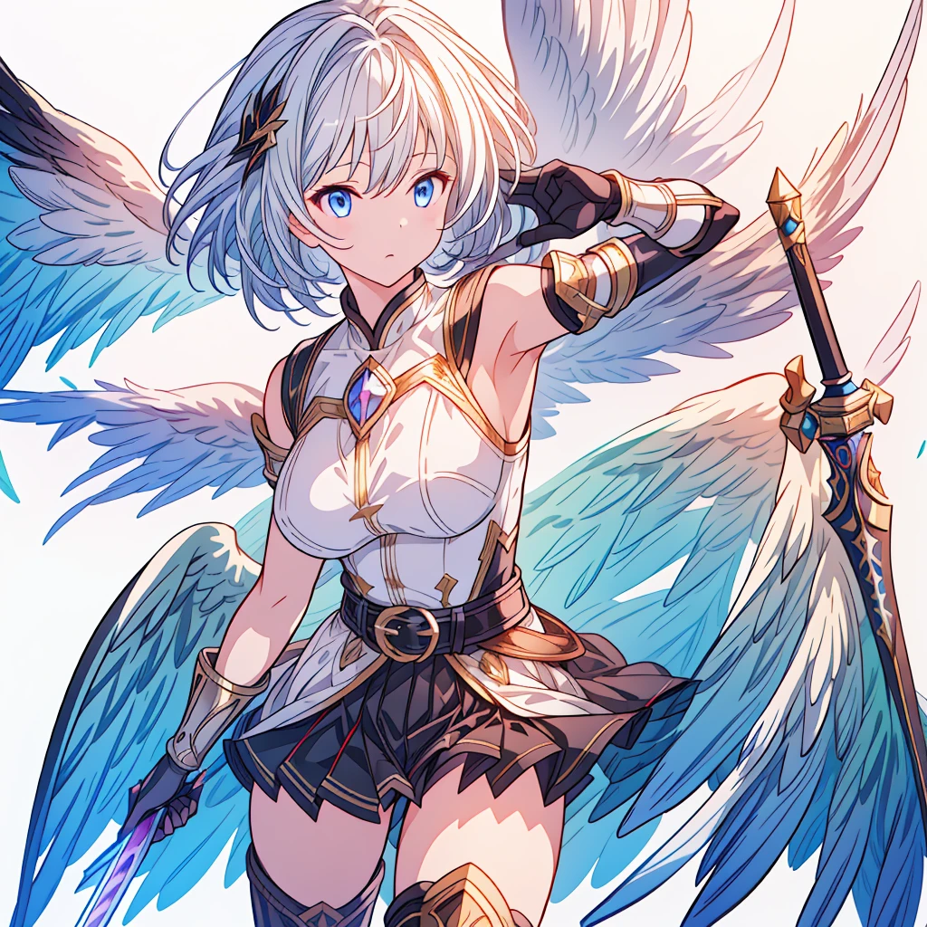 Dynamic composition、(((One girl))),One girl, alone, Milky white short hair, Magic wand, wing, Black background, sword, Knee socks, Holding, skirt, hair ornaments, gloves, boots, feathered wing, Holding 武器, feather, Two-Way, black skirt, blue eyes, black gloves, Milky hair, whole body, belt, Exposing shoulders, thigh boots, Holding sword, elbow gloves, Gauntlet, [(White Background:1.5),::5] (Isoscale:1.0), Double Exposure, bubble,
Mid Shot, whole body,masterpiece, highest quality,(colorful),(Beautifully detailed eyes and face),Cinema Lighting,Highly detailed CG Unity 8k wallpaper、Super huge、whole body、