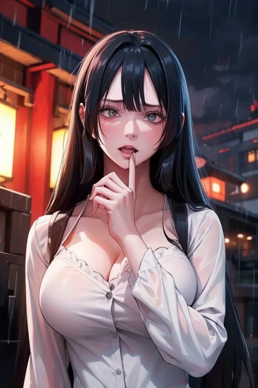 1 japanese girl, WARFRAME, intricate pattern, heavy metal, energy lines, faceless, glowing eyes, elegant, intense, blood red and black uniform, solo, modern, city, streets, dark clouds, thunderstorm, heavy rain,, dramatic lighting,, (masterpiece:1.2), best quality, high resolution, beautiful detailed, extremely detailed, perfect lighting,