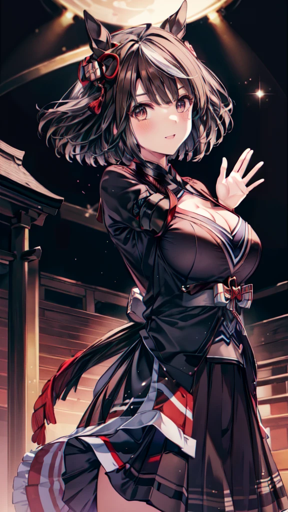 ((masterpiece, sidelighting, finely detailed beautiful eyes: 1.2)), ultra-detailed, ultra high res, professional lighting, high quality makeup, beautiful detailed eyes, sexy, beautiful, big eyes, drooping eye, (Kitasan Black:1.8), (middle breasts), (slender body:1.1), (brown and red japanese clothes, skirt:1.8), (armpit:1.3), (blush cheek, blush body:1.2), (black hair:1.2), (short hair:1.2), (horse ear:1.2), Extremely cute, (extremely detailed beautiful face), Authentic skin texture, beautiful hair, beautiful face, beautiful eyes, beautiful body, beautiful hands, (smile:1.2), standing, (face focus:1.6), (cleavage breasts focus:1.4), (armpit focus:1.2), (erect nipples), (Live performance venue:1.2), (waving hands:1.2)