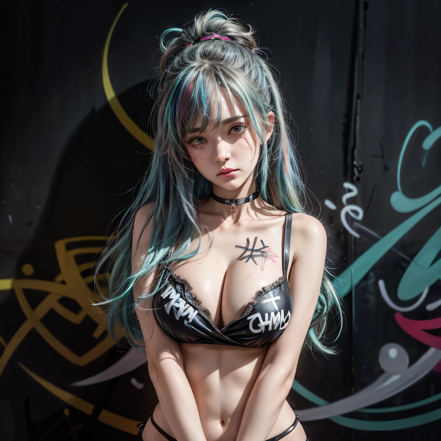 masterpiece, best quality, 1girl, solo, crop tigth top, ((colossal cleavage:1.3)), tight shorts, choker, (graffiti:1.5), paint splatter, arms behind back, against wall, armband, thigh strap, paint on body, head tilt, shy, multicolored long hair, aqua color eyes, headset, peepshow, nipslip, she is looking down shy, cheeks flushed with shame, tinny breasts.
