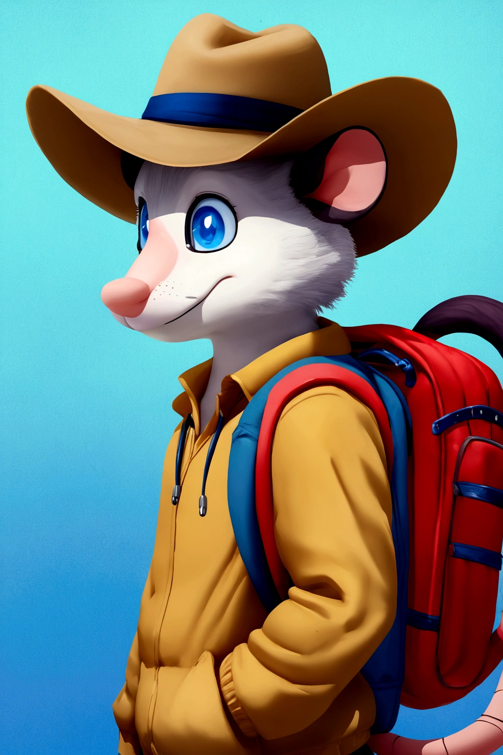There is a cartoon mouse with a hat and a backpack, anthropomorphic time, anthropomorphic time, Rato Stanley, an anthropomorphic time, hyper-realistic adventure rendering, “portrait of a cartoon animal, inspired by François Quesnel, adorable digital painting, anthropomorphic gangster time, pintura digital de desenho animado, 3d anthropomorphic time, wearing pants, olhando pra frente