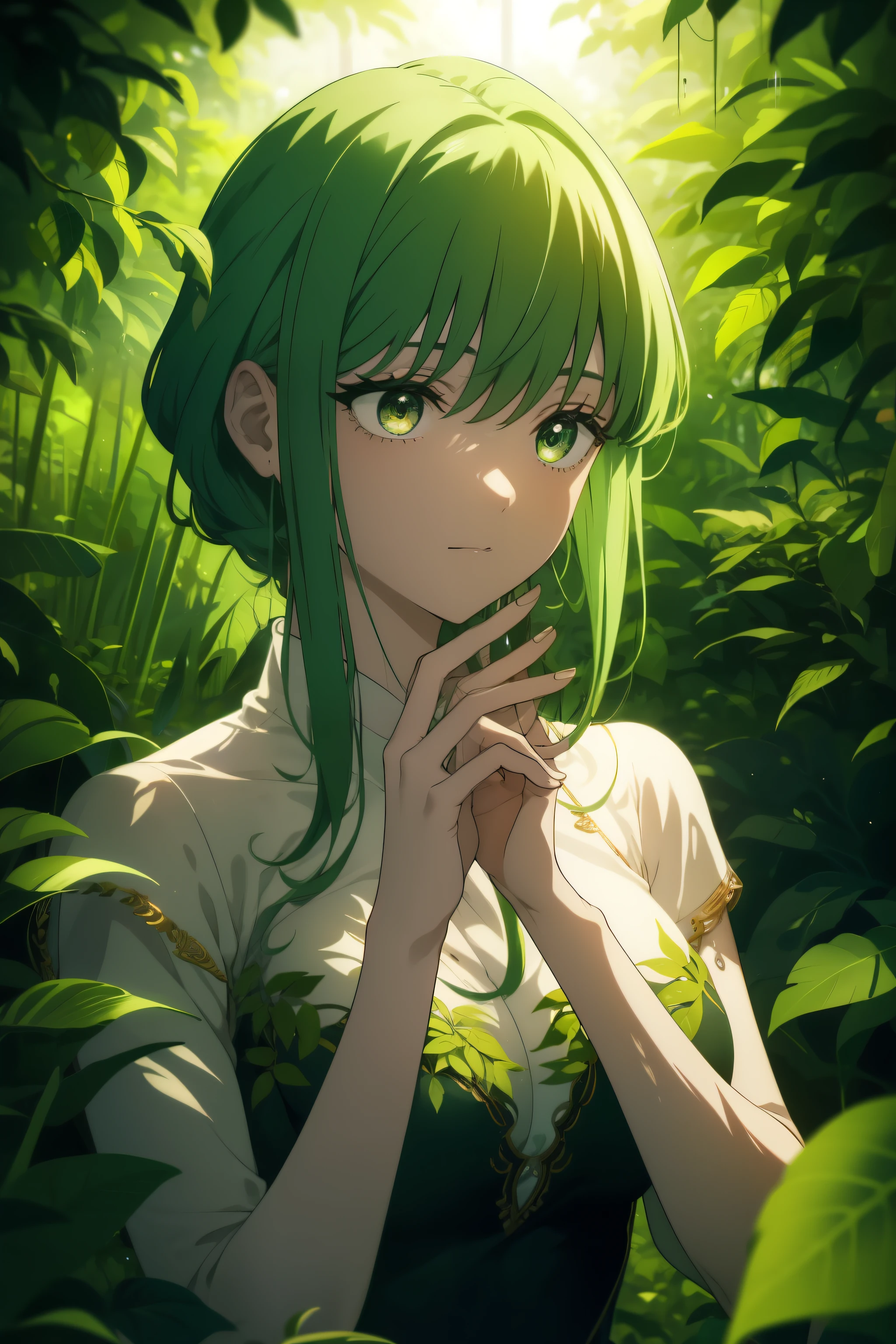 1girl, face, bright green hair, green leaves growing from fingers, verdant plants around, warm lighting, soft colors, serene atmosphere, focusing on hands, healing scene