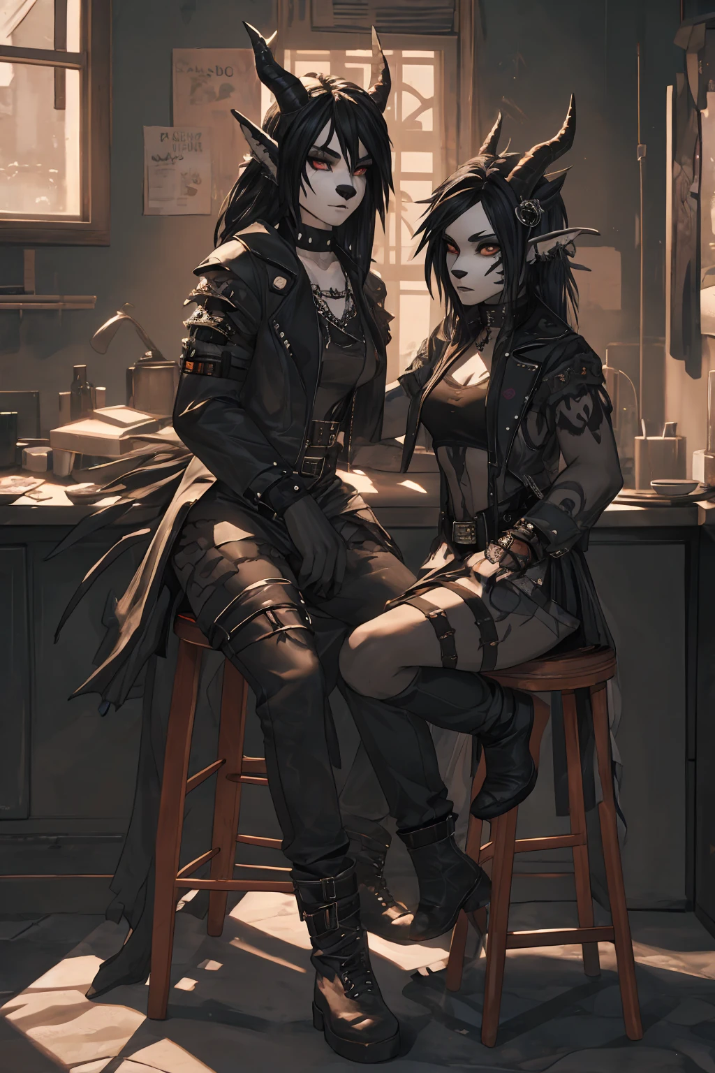 there are two women dressed in gothic costumes sitting on a stool, ska skeleton and girlfriend, in style the demon seated, imvu, dressed in crustpunk clothing, gothic harts, second life avatar, couple pose, demoness, grungy gothic, 2 b, 2b, dark and gothic, shaded, goth, dressed in punk clothing