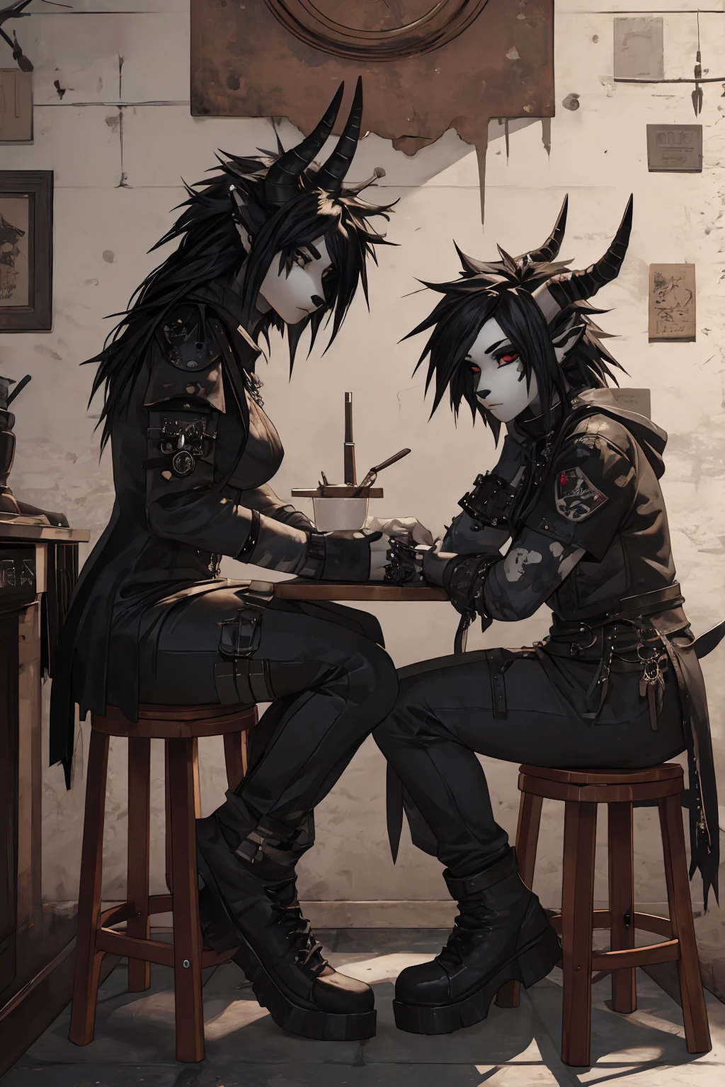 there are two women dressed in gothic costumes sitting on a stool, ska skeleton and girlfriend, in style the demon seated, imvu, dressed in crustpunk clothing, gothic harts, second life avatar, couple pose, demoness, grungy gothic, 2 b, 2b, dark and gothic, shaded, goth, dressed in punk clothing