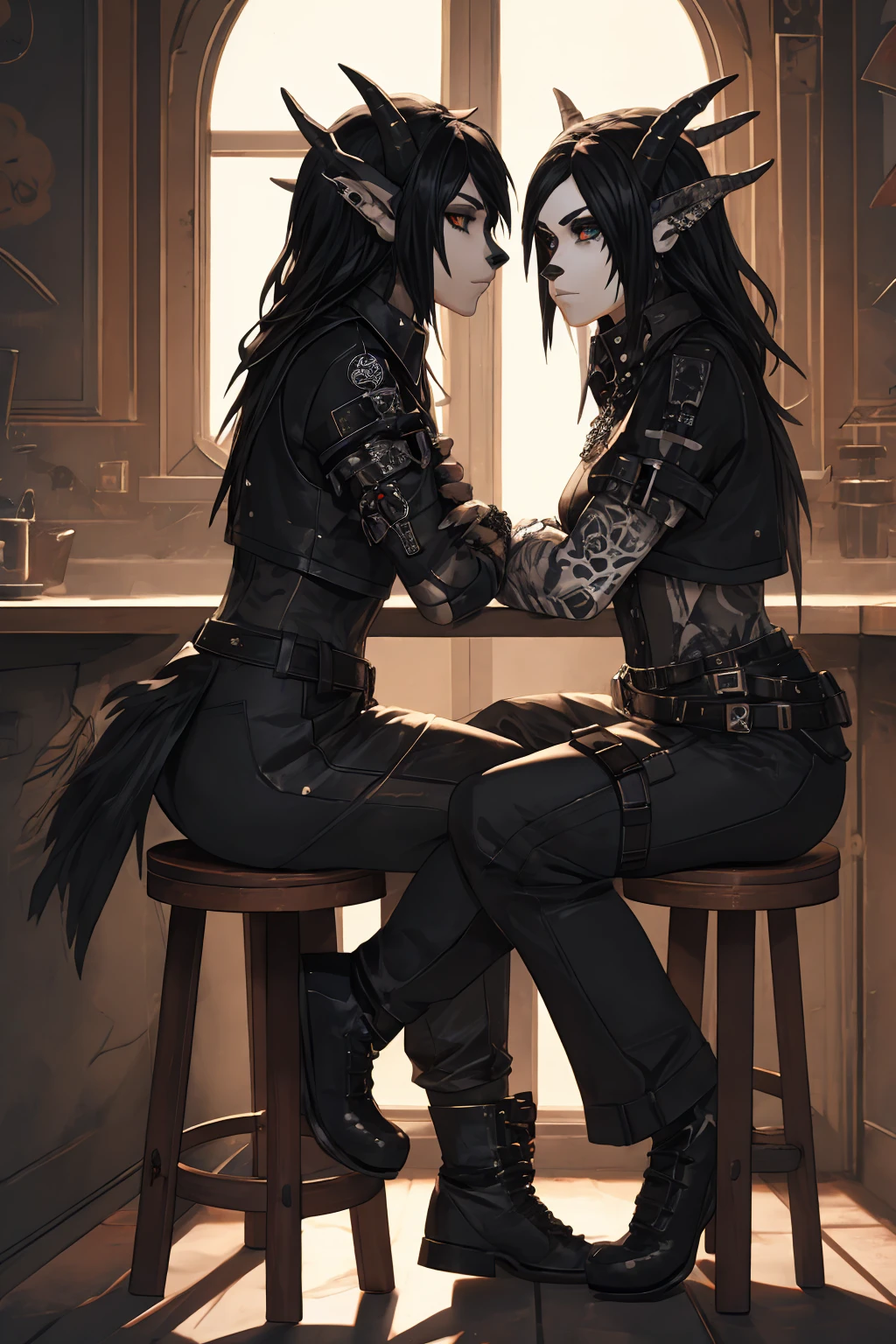 there are two women dressed in gothic costumes sitting on a stool, ska skeleton and girlfriend, in style the demon seated, imvu, dressed in crustpunk clothing, gothic harts, second life avatar, couple pose, demoness, grungy gothic, 2 b, 2b, dark and gothic, shaded, goth, dressed in punk clothing
