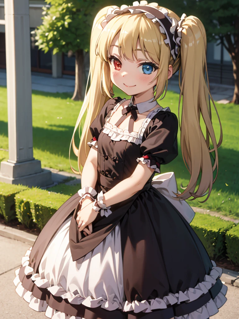 masterpiece, best quality, hasegawa kobato, flat chest, blonde hair, twintails, long hair, heterochromia, 10yo, (petite),
 dress, lolita hairband, lolita dress,
 smile, standing, park,