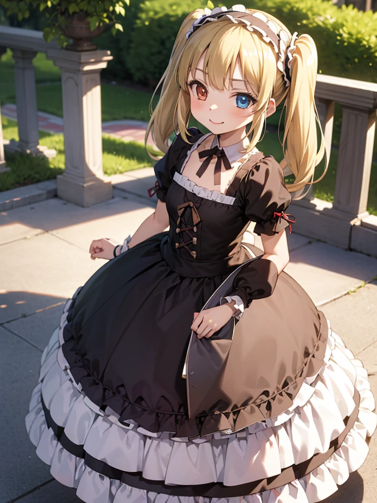 masterpiece, best quality, hasegawa kobato, flat chest, blonde hair, twintails, long hair, heterochromia, 10yo, (petite),
 dress, lolita hairband, lolita dress,
 smile, standing, park,