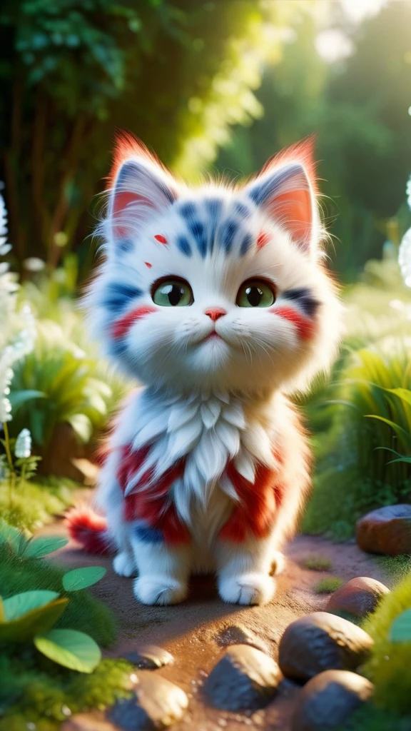 ral-fluff,chibi,masterpiece,best quality,original,official art,1cat,red scarf,grass,blurred background,cartoon rendering,beautiful detailed glow,(detailed ice),beautiful detailed water,and I want the Disney Pixar style in a white background painted by watercolor 3DAnimationStyle,