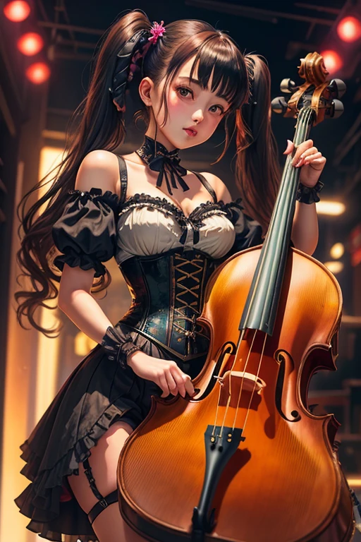 Digital Cyberpunk Art、Twin tails、Wear an off-the-shoulder ta chiffon blouse、Wear a steampunk corset、Wear a black gothic mini skirt、theater、Japanese Girls、((Playing the double bass))
