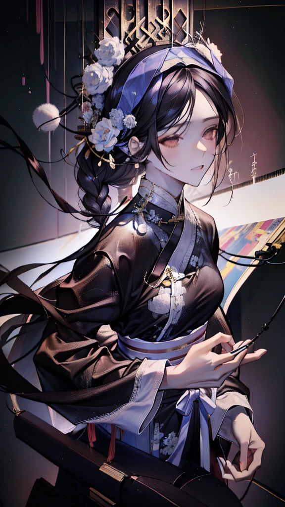 ((male)), black long hair, ((best quality)), ((masterpiece)), (detailed), perfect face, Character design, chinese, some braids and pearls in hair, wearing white yukata