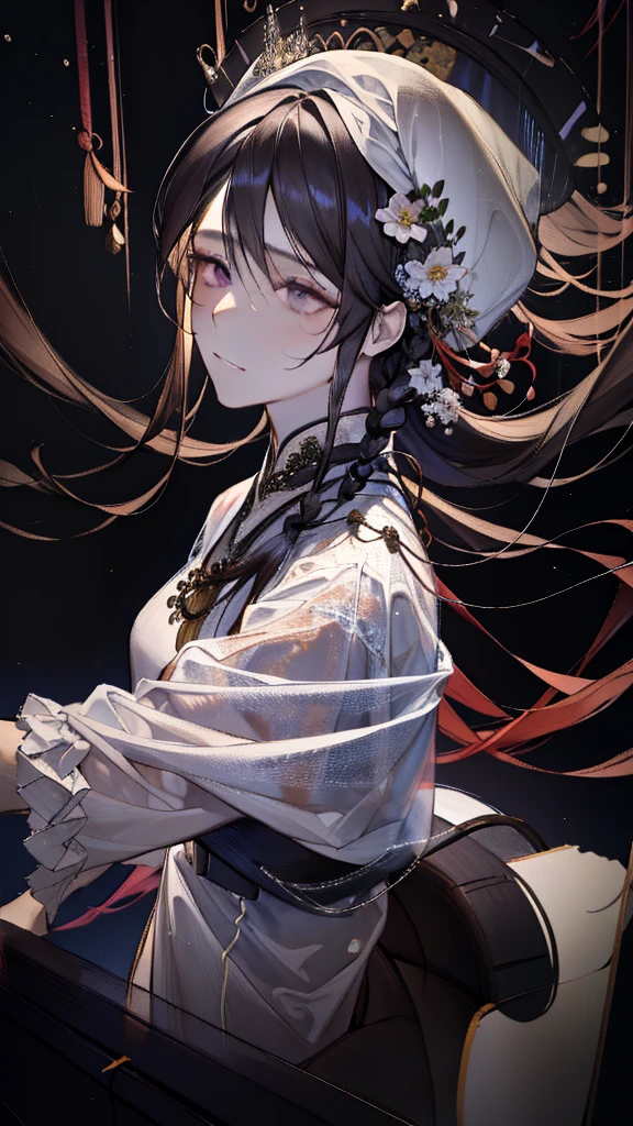 ((male)), black long hair, ((best quality)), ((masterpiece)), (detailed), perfect face, Character design, chinese, some braids and pearls in hair, wearing white yukata