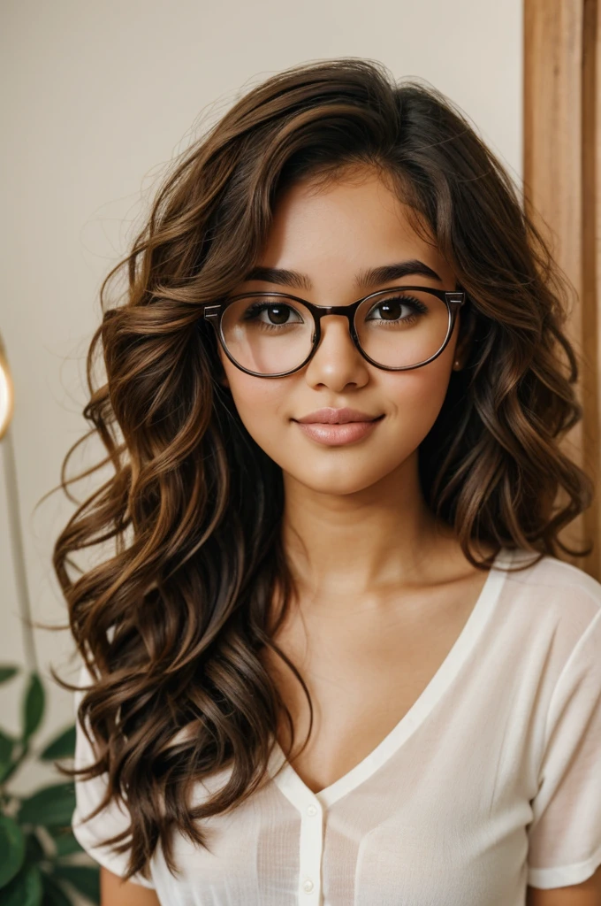 Girl with brown curly hair and brown eyes with fat glasses and thick lips