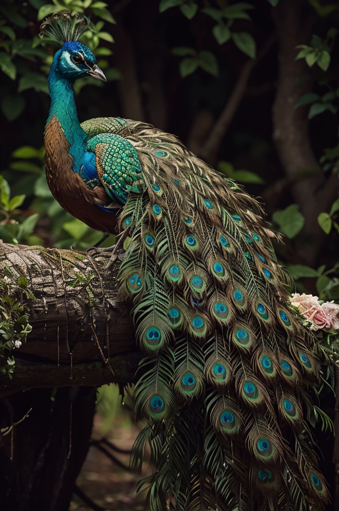 peacock sitting on a branch , background is full of colorful flowers, background with various color of roses and other flowers strong bokeh,