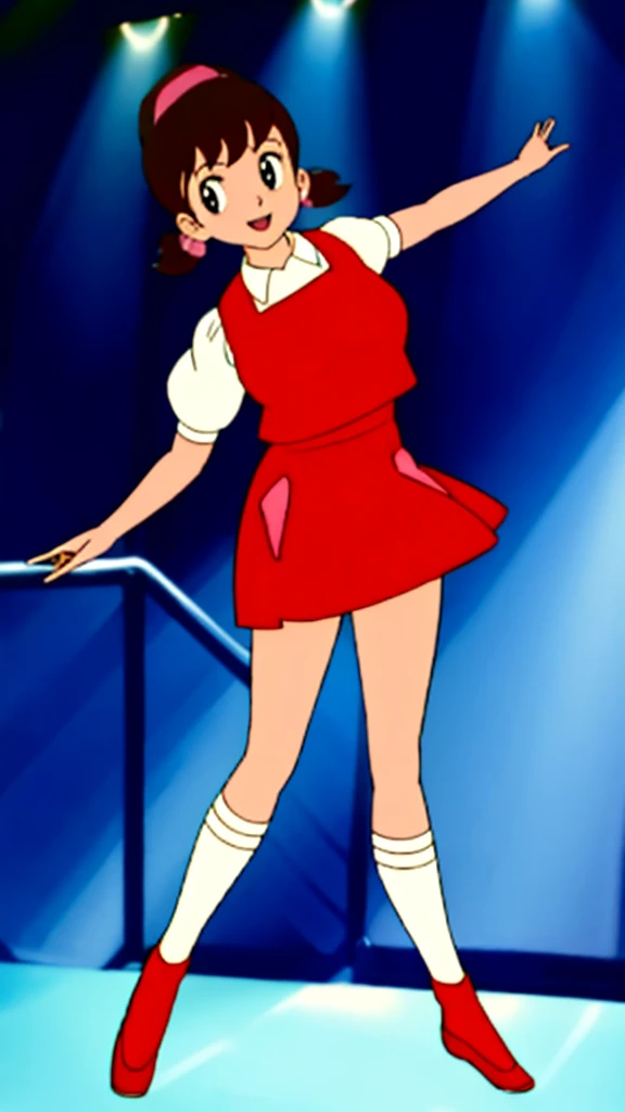 masterpiece, highest quality, alone,1 girl,looking at the viewer,School, cowboy shot,anime style,
akkochan,smiling、Live Performance Venues、Dancing on stage、In the spotlight、Exciting dance、Intense movement、Lifting legs high、Large breasts、