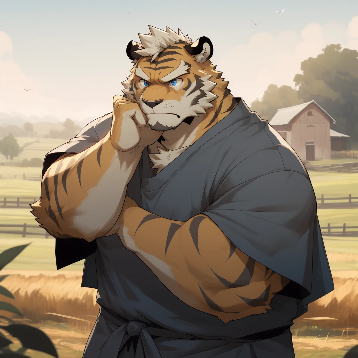 masterpiece, best quality, 8k resolution, Very detailed, hairy,tiger,((White short hair)),Strong body,((Fifty years old)),((Middle-aged and elderly)),(((Blue eyes))),For the audience,portrait,(Highest quality scene),(((Gray cloth))),((Solitary)),Black trousers,whole body,((Touching his chin and thinking)),(Mature),(((rural))),((yellow fur)),Standing,((farmer)),(((Sunny))),(((August))),(((Serious))),(((Domineering))),(((frown))),(((angry)))