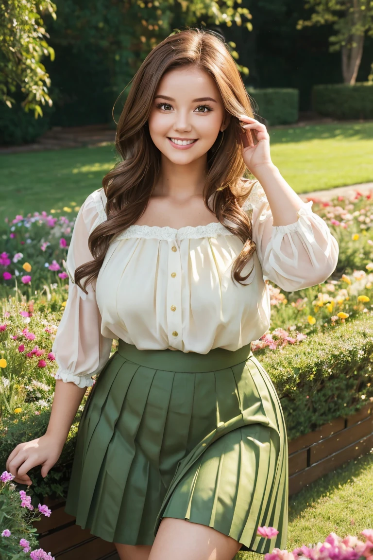 23 year old woman in a garden, huge bust, curvy, plump, cute blouse, pleated skirt, kind smile, flowing brown hair, soft lighting, green grass, delicate flowers, playful pose, bright colors, portrait,modern artistic style, big 