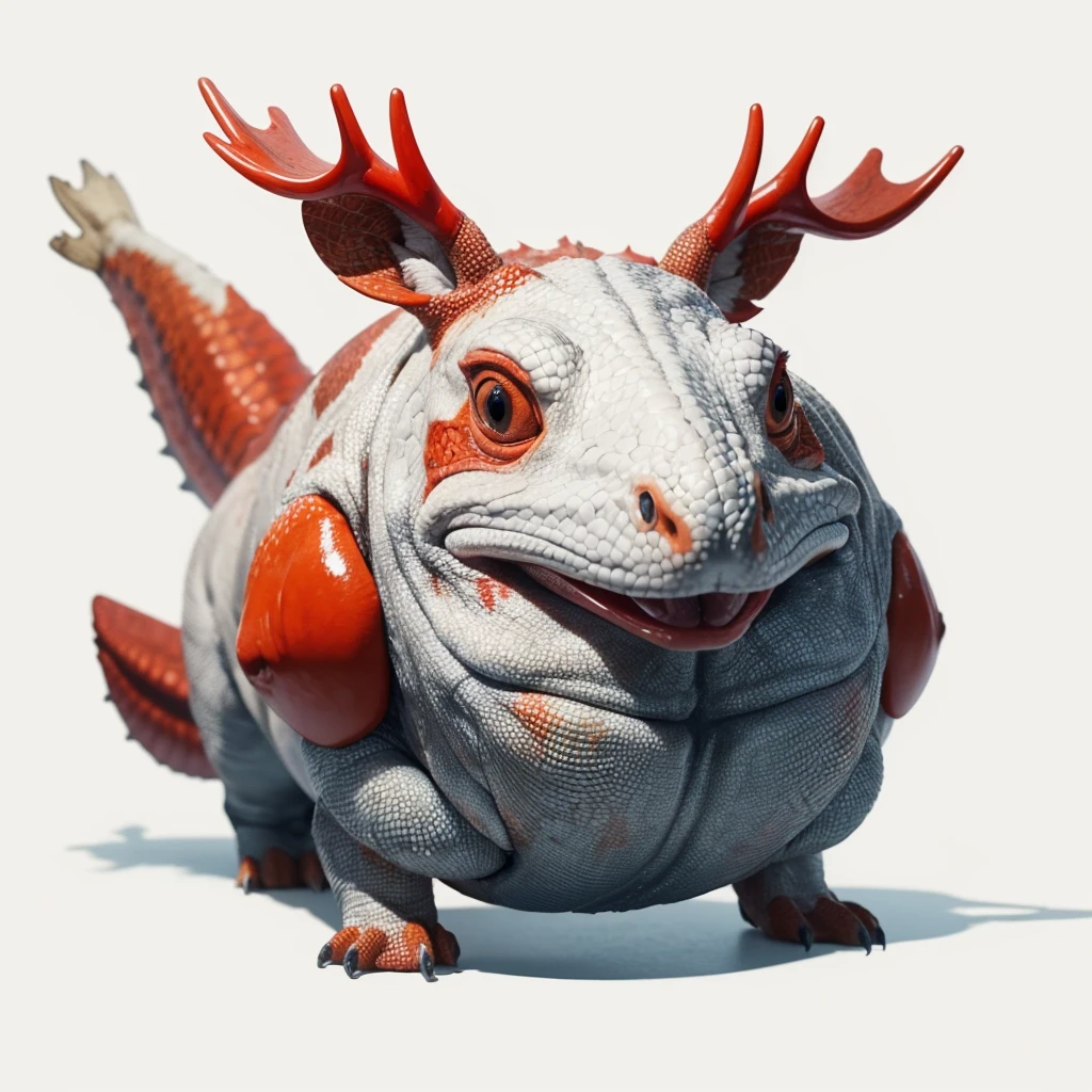 Animaly, reds and cream colour skins, has scales, his body is shaped like a Moose but his face is like a Chameleon and ball, silver colour skins, Grassroots background, (white background simpleks)