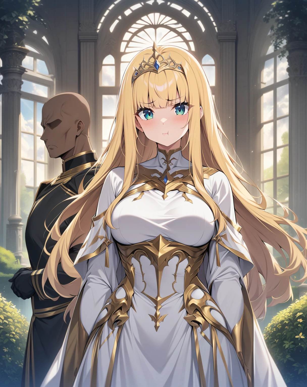 {{upper body, straight-on}} {{Artist: moisture_(chichi)}} 1 woman, 2 guards on either side restraining her, 2 men wearing armor, mature female, elegant, princess, medium breasts, straight hair, golden hair, long hair, hime cut, green eyes, white dress, gold trim, tiara, looking at viewer, pout, faceless male, outdoors, garden, palace, cloudy, moonlight, window.