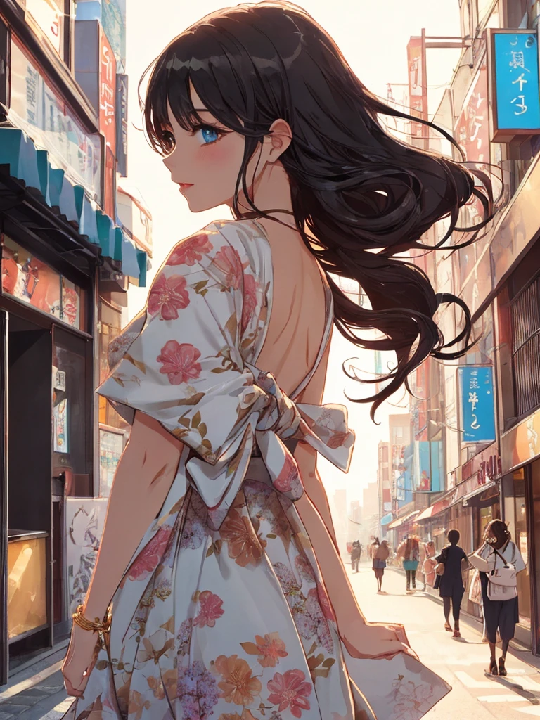 beautiful young woman, anime style, long flowing hair, vibrant eye color, delicate features, soft lighting, wearing a chic summer dress, light and airy fabric, floral pattern, trendy accessories, urban background, bustling city street, golden hour lighting, dynamic and candid pose, capturing a moment of joy, Japanese anime style, high quality, highly detailed, 8k resolution, cinematic lighting, best quality, vibrant colors, Instagrammable, aesthetic, trendy