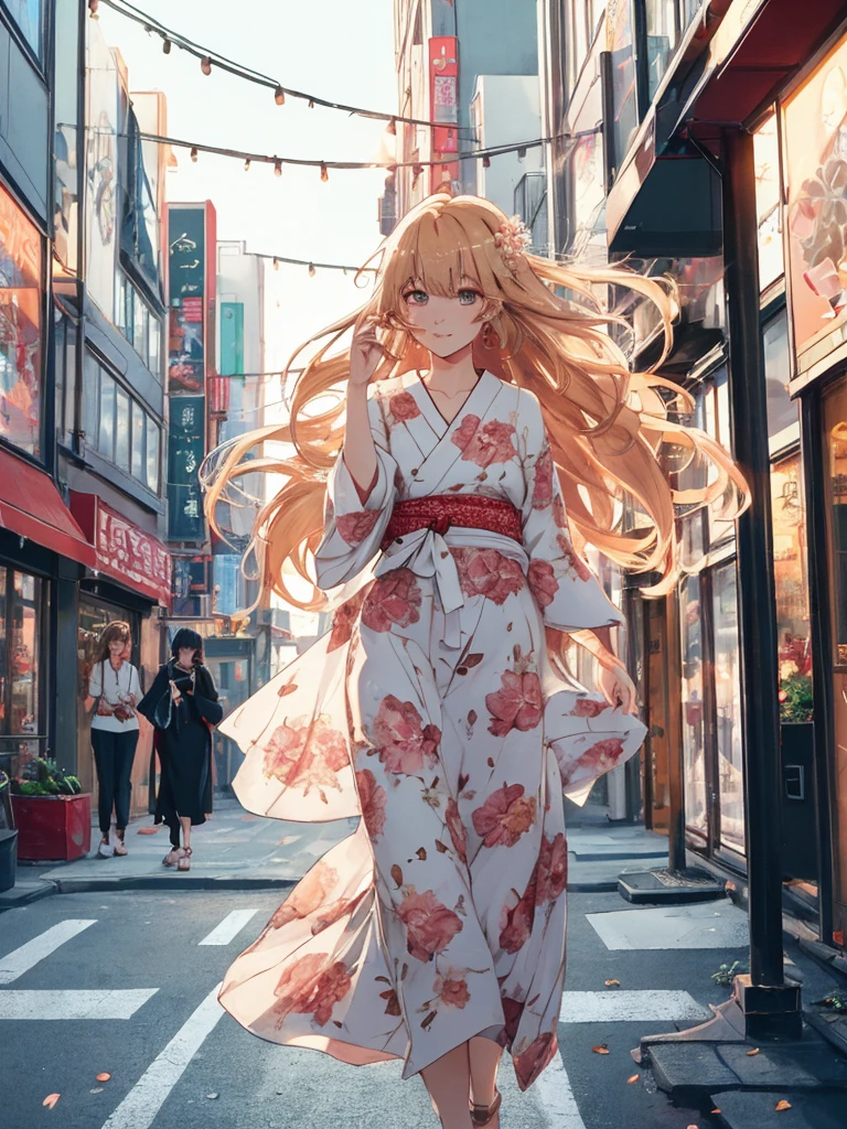 beautiful young woman, anime style, long flowing hair, vibrant eye color, delicate features, soft lighting, wearing a chic summer dress, light and airy fabric, floral pattern, trendy accessories, urban background, bustling city street, golden hour lighting, dynamic and candid pose, capturing a moment of joy, Japanese anime style, high quality, highly detailed, 8k resolution, cinematic lighting, best quality, vibrant colors, Instagrammable, aesthetic, trendy