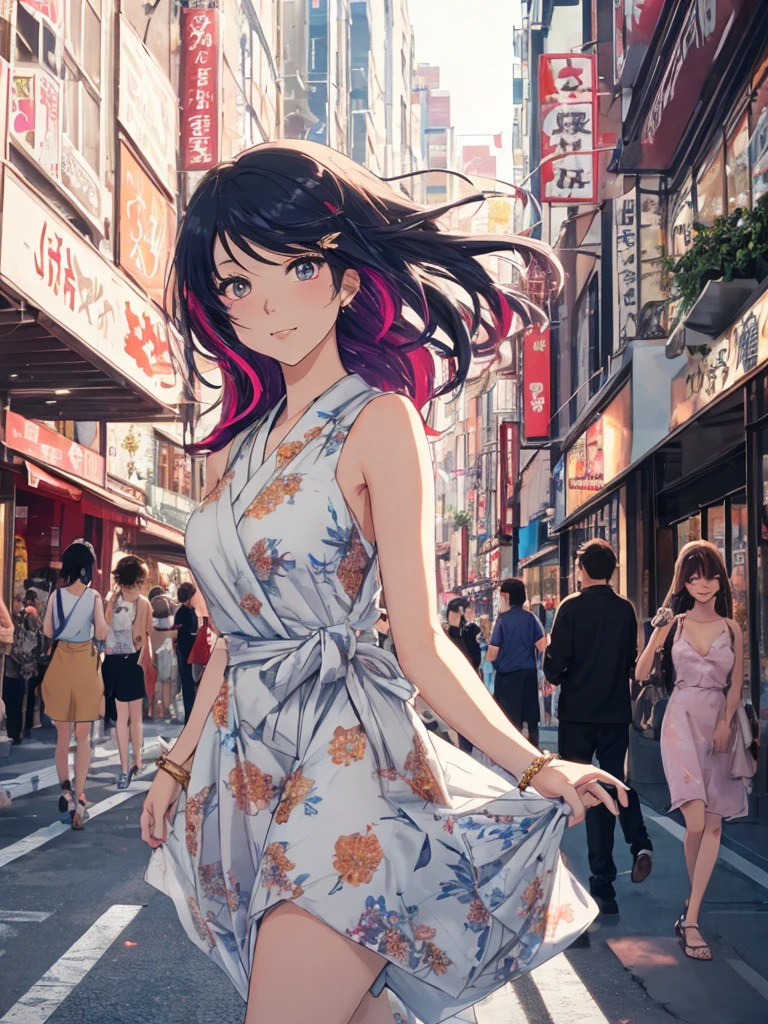 beautiful young woman, anime style, long flowing hair, vibrant eye color, delicate features, soft lighting, wearing a chic summer dress, light and airy fabric, floral pattern, trendy accessories, urban background, bustling city street, golden hour lighting, dynamic and candid pose, capturing a moment of joy, Japanese anime style, high quality, highly detailed, 8k resolution, cinematic lighting, best quality, vibrant colors, Instagrammable, aesthetic, trendy