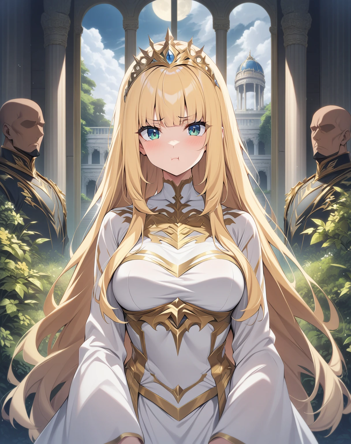 {{upper body, straight-on}} {{Artist: moisture_(chichi)}} 1 woman, 2 guards on either side restraining her, 2 men wearing armor, mature female, elegant, princess, medium breasts, straight hair, golden hair, long hair, hime cut, green eyes, white dress, gold trim, tiara, looking at viewer, pout, faceless male, outdoors, garden, palace, cloudy, moonlight, window.