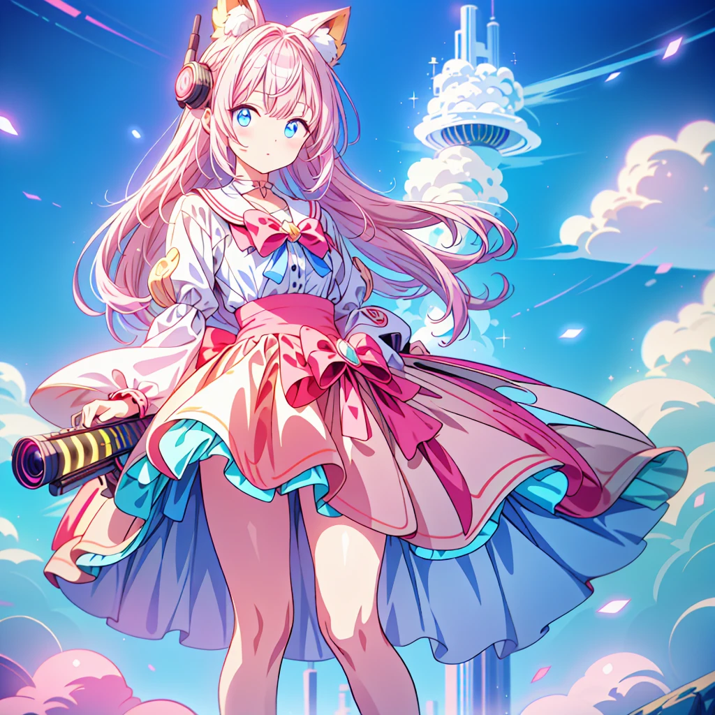 1girl、[17277fbe68],kawaii tech、High quality、Maximum detail、(((highest quality、Masterpiece、Official Art、The best dynamic composition)))、(Fine hair)、(Tabletop, highest quality), Super detailed, Anime Style, whole body, Cyberpunk Girl, Gripping a high-tech rifle, Milky white and pink hair, Glowing blue eyes, Wearing a magical girl costume , 8K High Resolution, Trend Art Station, White Background, Standing in the Wilderness, whole body,