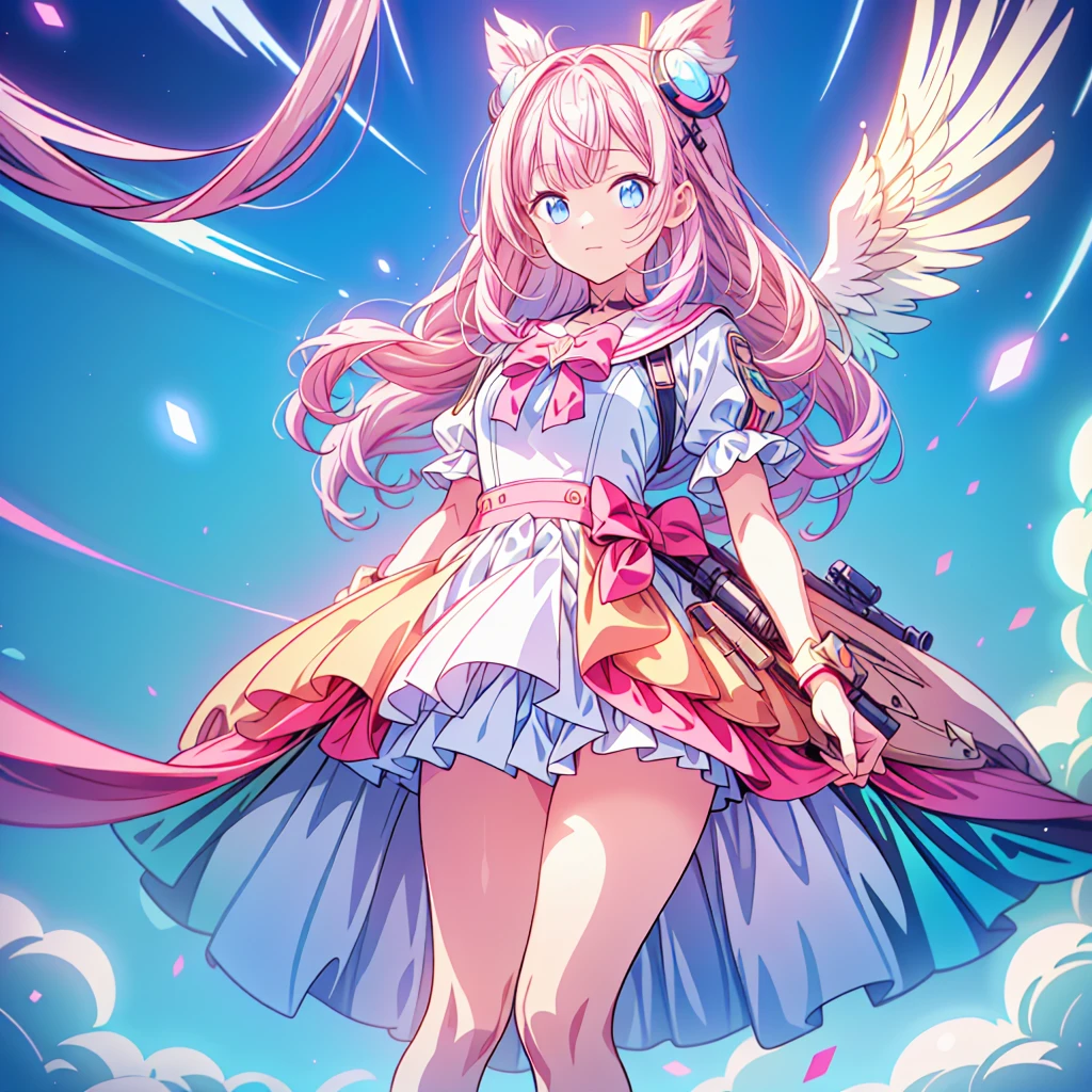 1girl、[17277fbe68],kawaii tech、High quality、Maximum detail、(((highest quality、Masterpiece、Official Art、The best dynamic composition)))、(Fine hair)、(Tabletop, highest quality), Super detailed, Anime Style, whole body, Cyberpunk Girl, Gripping a high-tech rifle, Milky white and pink hair, Glowing blue eyes, Wearing a magical girl costume , 8K High Resolution, Trend Art Station, White Background, Standing in the Wilderness, whole body,