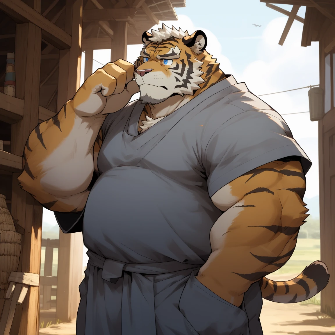 masterpiece, best quality, 8k resolution, Very detailed, hairy，tiger，((White short hair))，Strong body，((Fifty years old)),((Middle-aged and elderly))，(((Blue eyes)))，For the audience，portrait，(Highest quality scene)，(((Gray cloth)))，((Solitary))，Black trousers，whole body，((Touching his chin and thinking))，(Mature)，(((rural)))，((yellow fur)),Standing，((farmer))，(((Sunny)))，(((August)))，(((Serious)))，(((Domineering)))，(((frown)))