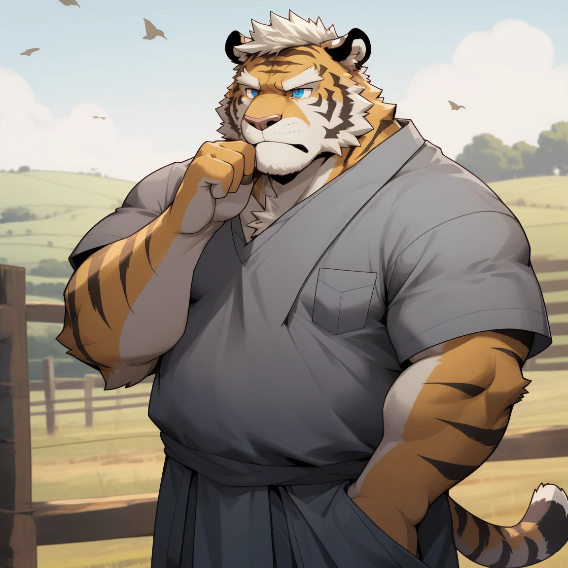 masterpiece, best quality, 8k resolution, Very detailed, hairy，tiger，((White short hair))，Strong body，((Fifty years old)),((Middle-aged and elderly))，(((Blue eyes)))，For the audience，portrait，(Highest quality scene)，(((Gray cloth)))，((Solitary))，Black trousers，whole body，((Touching his chin and thinking))，(Mature)，(((rural)))，((yellow fur)),Standing，((farmer))，(((Sunny)))，(((August)))，(((Serious)))，(((Domineering)))，(((frown)))
