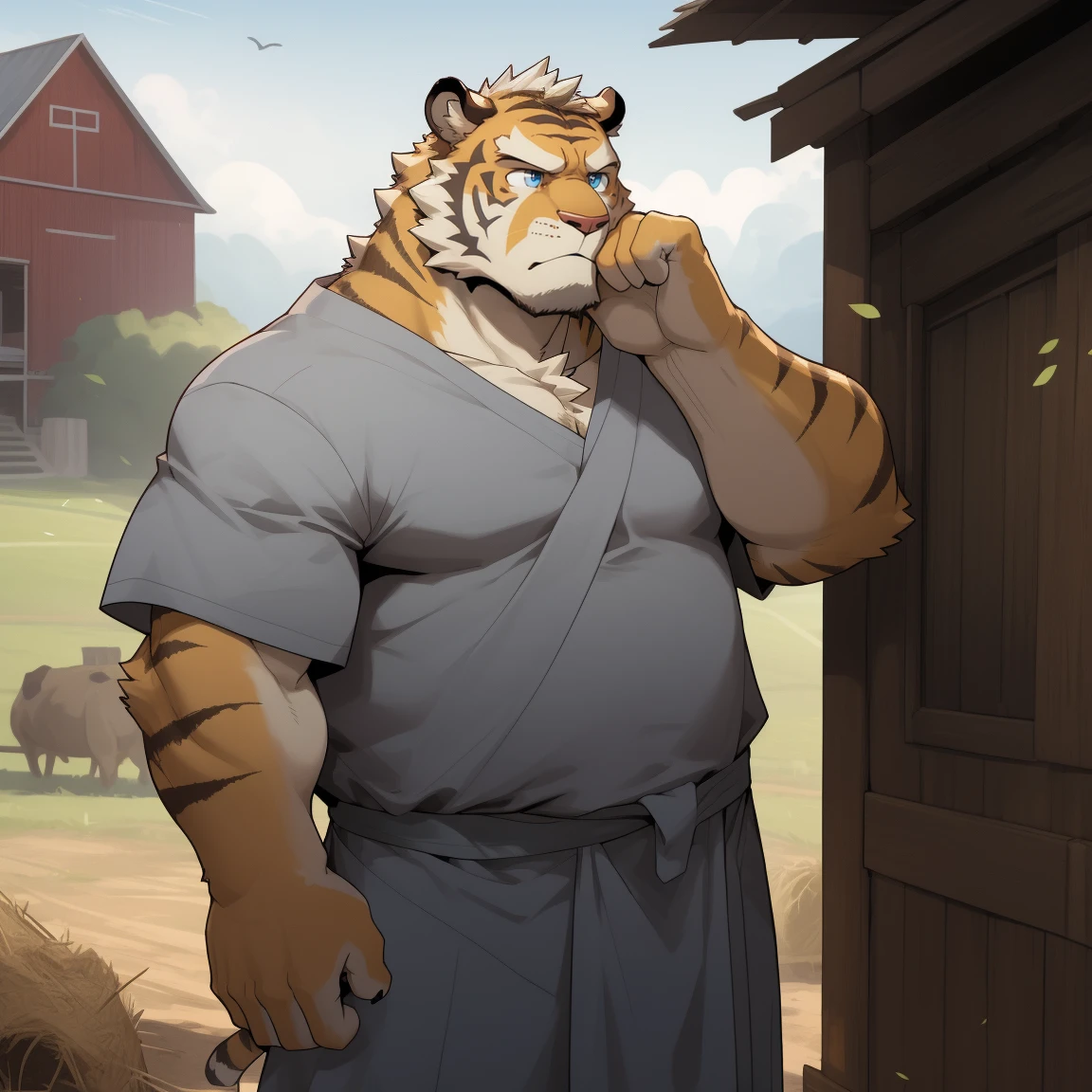 masterpiece, best quality, 8k resolution, Very detailed, hairy,tiger,((White short hair)),Strong body,((Fifty years old)),((Middle-aged and elderly)),(((Blue eyes))),For the audience,portrait,(Highest quality scene),(((Gray cloth))),((Solitary)),Black trousers,whole body,((Touching his chin and thinking)),(Mature),(((rural))),((yellow fur)),Standing,((farmer)),(((Sunny))),(((August))),(((Serious))),(((Domineering))),(((frown)))