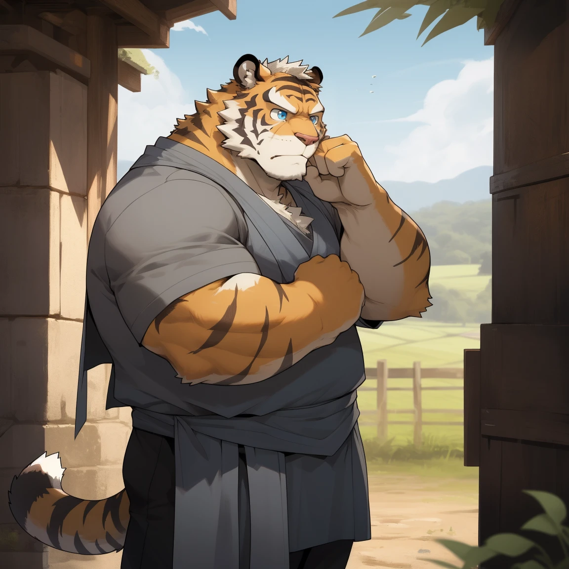 masterpiece, best quality, 8k resolution, Very detailed, hairy,tiger,((White short hair)),Strong body,((Fifty years old)),((Middle-aged and elderly)),(((Blue eyes))),For the audience,portrait,(Highest quality scene),(((Gray cloth))),((Solitary)),Black trousers,whole body,((Touching his chin and thinking)),(Mature),(((rural))),((yellow fur)),Standing,((farmer)),(((Sunny))),(((August))),(((Serious))),(((Domineering))),(((frown)))