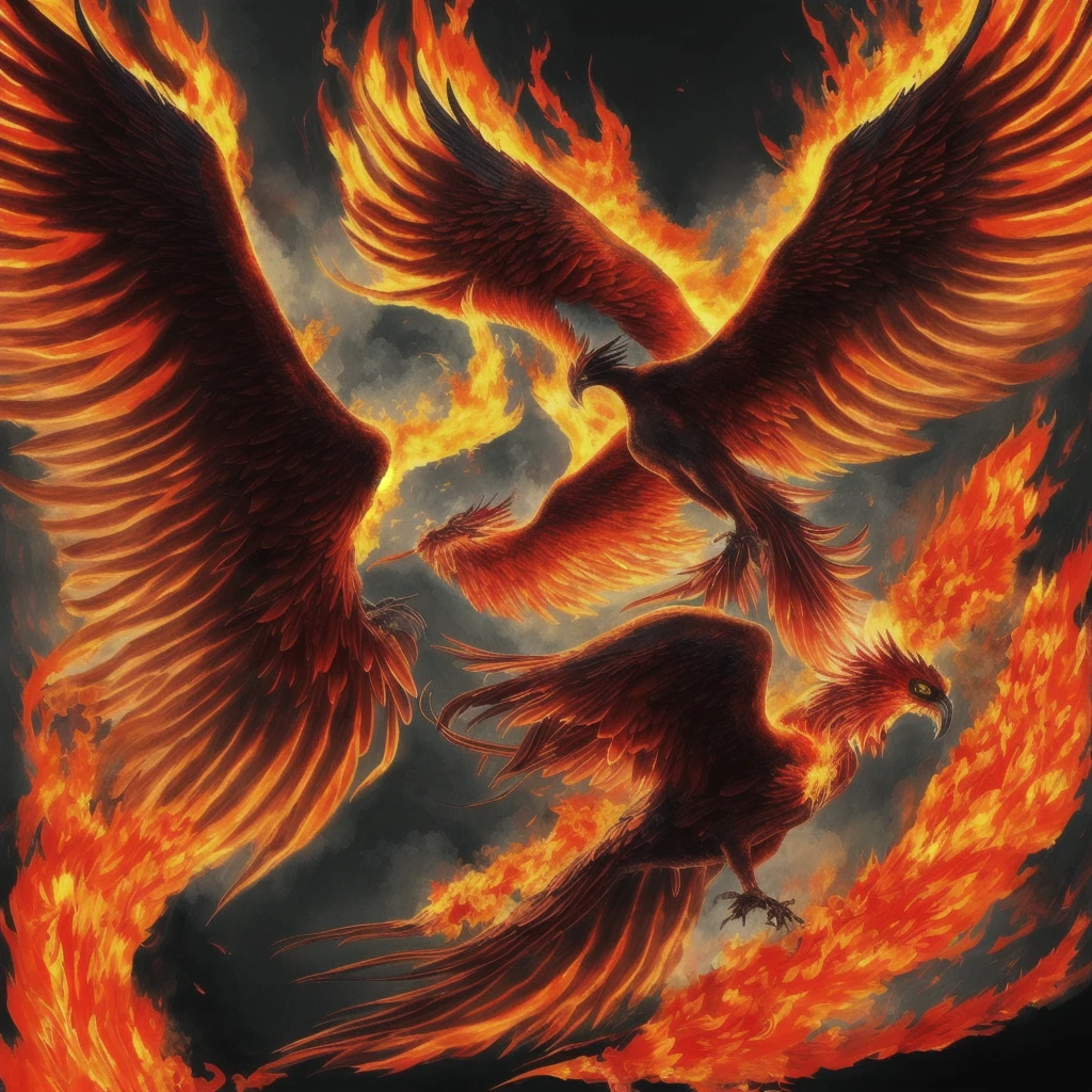 A mythical phoenix, wings spread wide, rising from the ashes in a burst of flames and glory, captured in a vivid and fiery digital artwork that embodies the spirit of rebirth and transformation. , Soulful_Aesthetics de color negro naranja y rojo