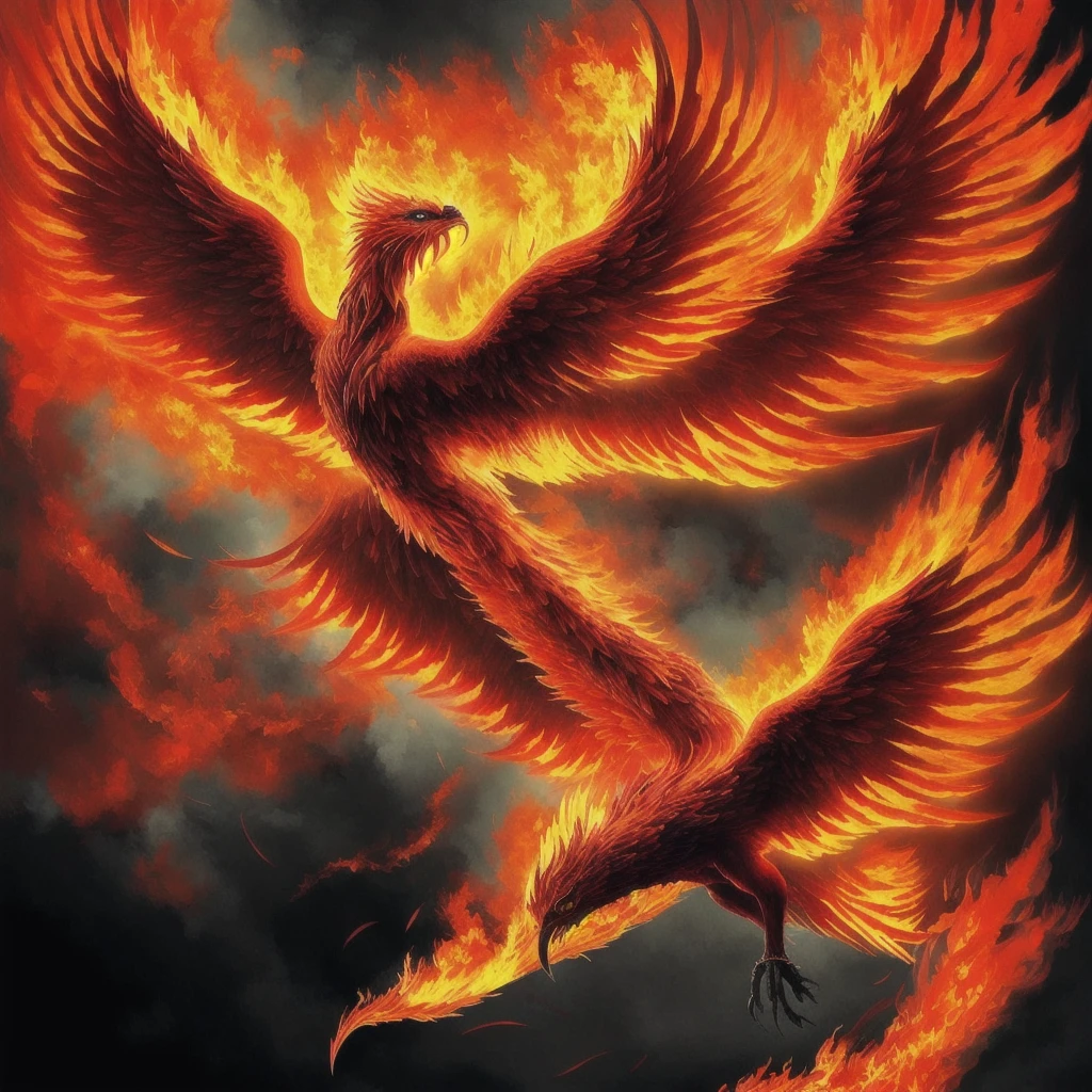 A mythical phoenix, wings spread wide, rising from the ashes in a burst of flames and glory, captured in a vivid and fiery digital artwork that embodies the spirit of rebirth and transformation. , Soulful_Aesthetics de color negro naranja y rojo 