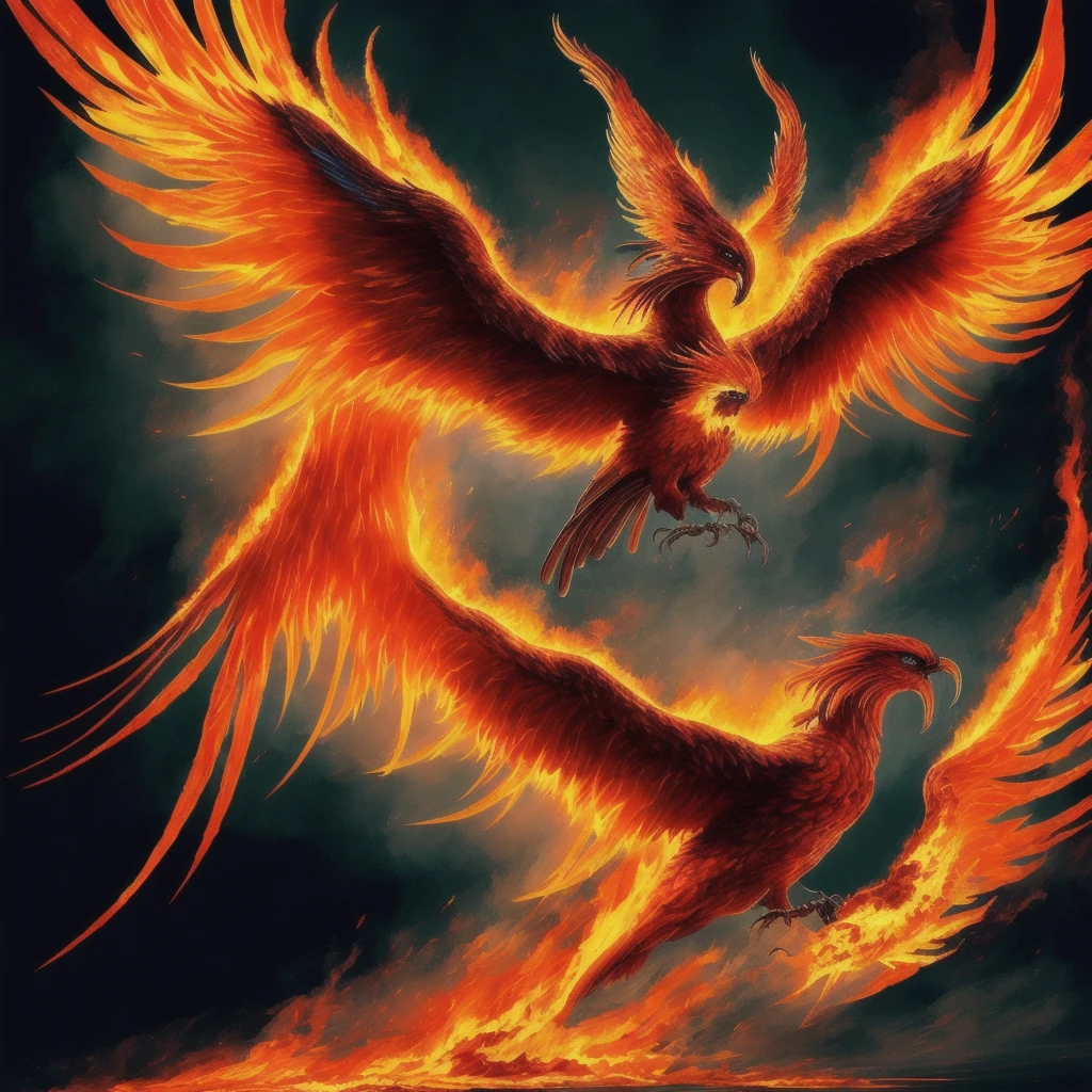 A mythical phoenix, wings spread wide, rising from the ashes in a burst of flames and glory, captured in a vivid and fiery digital artwork that embodies the spirit of rebirth and transformation. , Soulful_Aesthetics de color negro naranja y rojo 