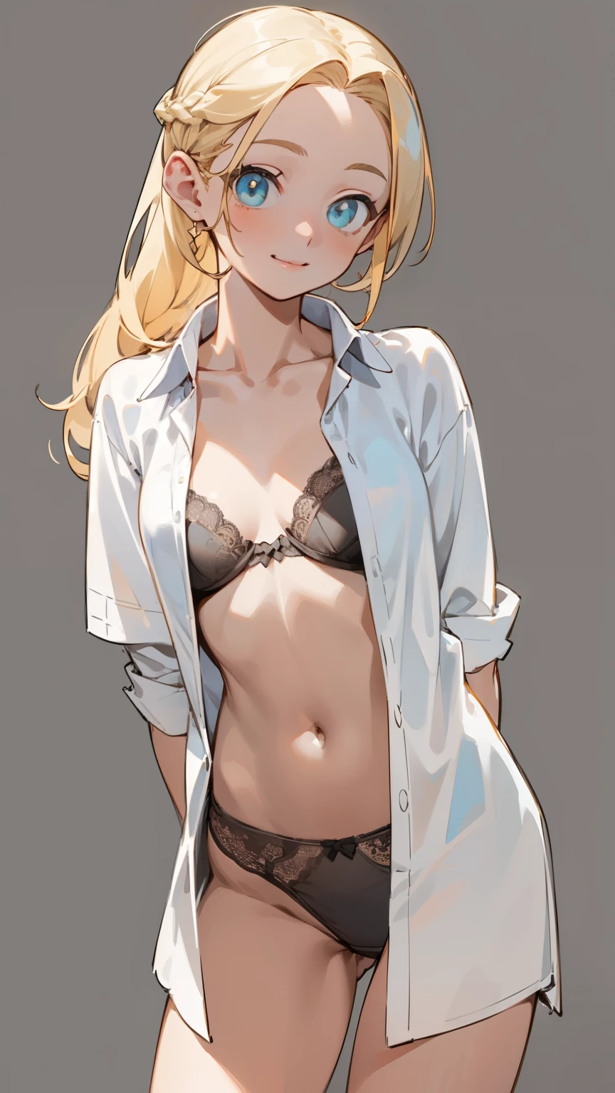 (masterpiece), ((best quality)), (super detailed), (beautiful eyes beautiful details eyes, Clean and delicate face), (knee shot, standing, arms behind back), solo, Single Braided blonde pony tail, parted bangs, forehead, cool smile, white dress shirt over naked, (black lace underwear), open shirt, navel, clavicle, simple background