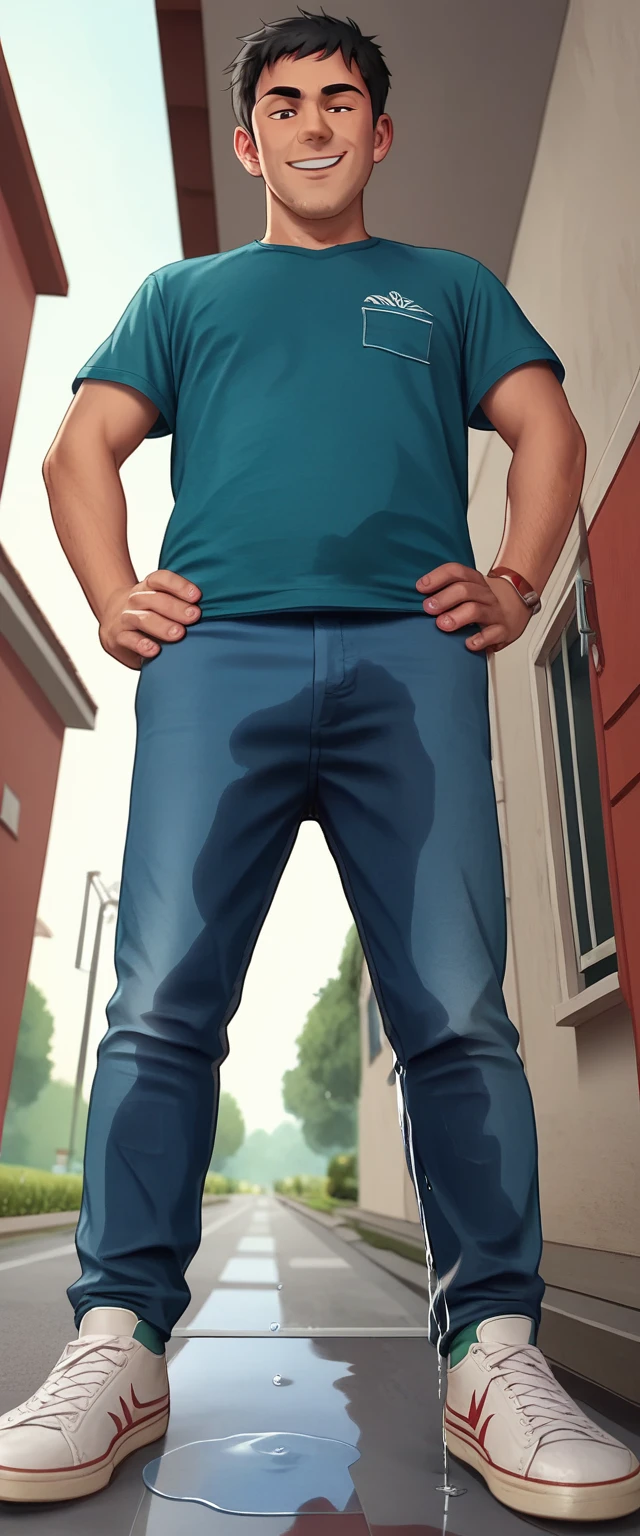 1boy, solo, male, red t-shirt, blue jeans, sneakers, black hair, short hair, bangs, looking down, smile,((wetting self, pee stains, puddle)), standing, seen from below, dynamic angle, hands on hips, anime screencap, front view