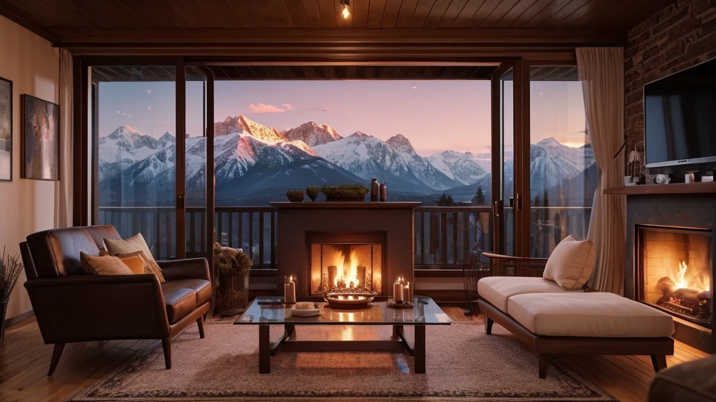 fireplace in a cozy living room with a view of the mountains, unreal engine ; romantic theme, cozy and peaceful atmosphere, cozy place, cozy setting, cozy home background, cozy and calm, cozy atmospheric, cozy environment, warm beautiful scene, cozy atmosphere, cosy atmoshpere, cozy candlelight, relaxing environment, unreal 5 engine rendered, relaxing atmosphere