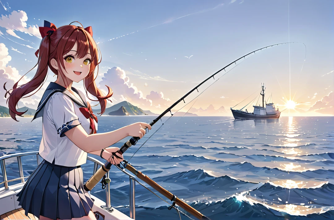 porn anime on a boat fishing off a boat as the sun sets on a calm day, 1girl, solo, age, 17 ydium hair, brown hair, twintails, swept bangs, straight hair,
yellow eyes, round eyes, sparkle eyes, expecting, Intricate Iris Details, low eyebrows, Meticulous Eyelash Details,
open mouth, smile,
two side up,
slender, thick thighs, plump legs, plump butt,
having fishing rod, fishing,
blue sky, sunny, on Fishing vessel, ship, summer, backlighting, very beautiful ocean landscape, extremely detailed,
looking to the side,
red hair bow, red hair ribbon, collared shirt, white shirt, red bowtie, center frills, sailor dress, fishing rod,
navy blue pleated skirt,
no pants, brown loafers, white socks,
(masterpiece:1.2), (best quality:1.2), (very aesthetic:1.2), (absurdres:1.2), (detailed background)