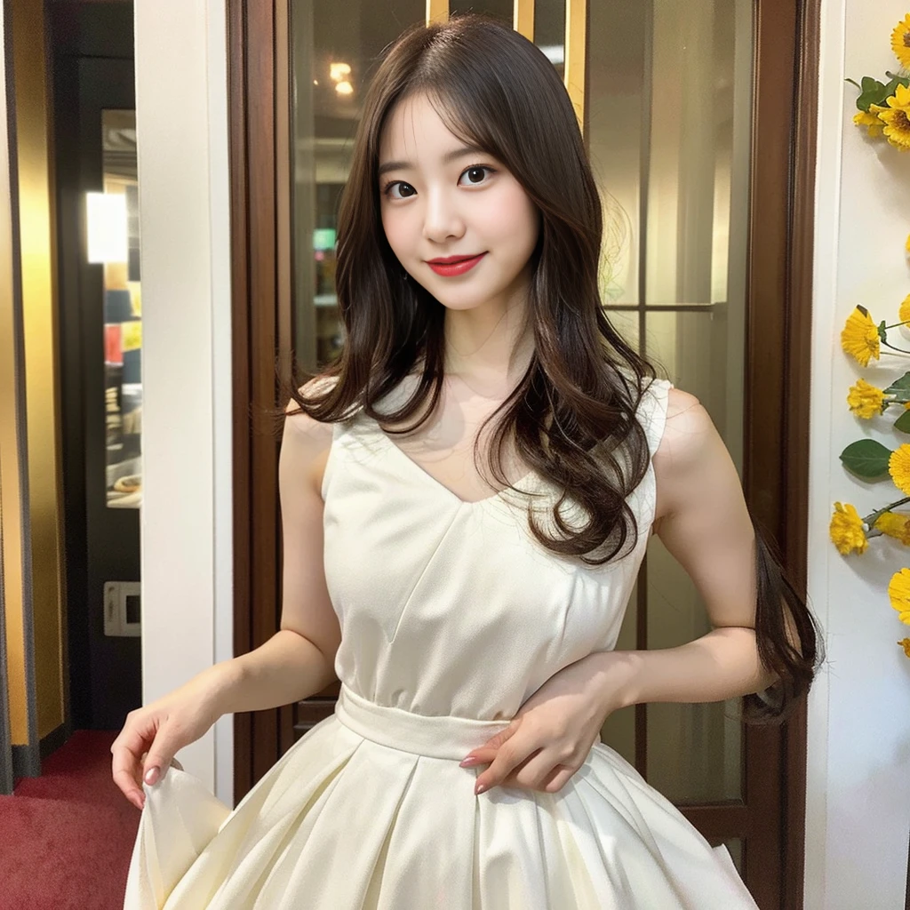 (The best light:1.2、Cute Japanese Girl:1.2、(White Dress:1.3)、colorful patterned wall、Mr.々There are many different flowers distributed、elegant and colorful:1.1、Bright and inspiring:1.1、((Super detailed:1.2、Dynamic pose、delicate:1.2))、Medium breast、Smiling face、Holding a colorful bouquet、The background wall is very colorful、masterpiece、highest quality、RAW Photos、Professional Lighting、Anatomically correct body、Long Hair、Light Brown Hair