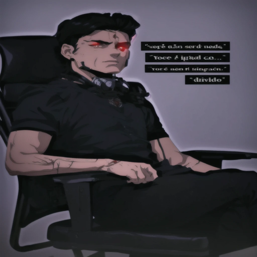 there is a man sitting in a chair with red eyes, muscle contraction coil / jogador ludwig, poster, mateus 9 5, inspirado em Eren Yeager, retrato nft, Cartaz oficial, Nick Silva, daniel mirante, david rios ferreira, inspirado em Nathan Oliveira, album cover