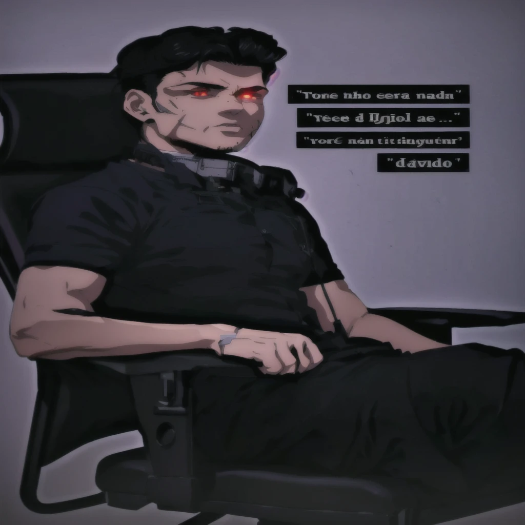 there is a man sitting in a chair with red eyes, muscle contraction coil / jogador ludwig, poster, mateus 9 5, inspirado em Eren Yeager, retrato nft, Cartaz oficial, Nick Silva, daniel mirante, david rios ferreira, inspirado em Nathan Oliveira, album cover