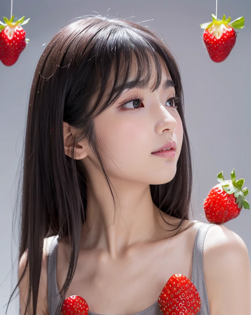 (highest quality, 32k, High resolution, Masterpiece:1.5, ), marimo_jet, Concept Art, Arousing pleasant enjoyment and curiosity, Expressing emotions, Have a rich imagination, Beautiful Japanese Women, An exceptionally beautiful face, Small Face Beauty, Perfect Human Anatomy, Magical big eyes, Motherhood and generosity, Deep Love, fleeting smile:1.1, Shiny black hair, Super Long Straight Silk Hair, Asymmetrical bangs, Hair between the eyes, Transparent, soft white skin, Sharp eyebrows, Thin lashes, ((Natural Makeup:1.1)), Cheek highlighter, Pale pink detailed lips, ((Profile of a person lightly kissing a small strawberry:1.4)), ((Grey tank top:1.3)), High resolutionの完璧な鎖骨, High resolutionの美しい胸元, Slim figure with ample breasts, High resolutionの美しい太もも, ((Baby Pink Background:1.2)), Professional Lighting, Professional photographer, Professional models, mysterious