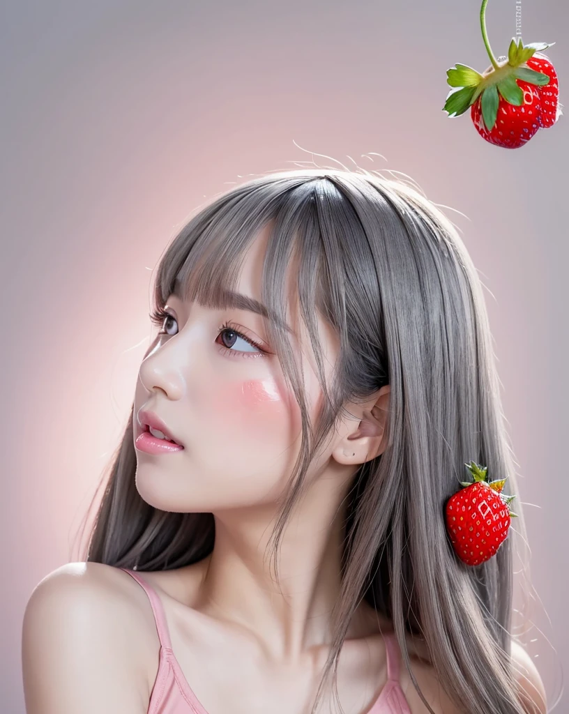 (highest quality, 32k, High resolution, Masterpiece:1.5, ), marimo_jet, Concept Art, Arousing pleasant enjoyment and curiosity, Expressing emotions, Have a rich imagination, Beautiful Japanese Women, An exceptionally beautiful face, Small Face Beauty, Perfect Human Anatomy, Magical big eyes, Motherhood and generosity, Deep Love, fleeting smile:1.1, Shiny black hair, Super Long Straight Silk Hair, Asymmetrical bangs, Hair between the eyes, Transparent, soft white skin, Sharp eyebrows, Thin lashes, ((Natural Makeup:1.1)), Cheek highlighter, Pale pink detailed lips, ((Profile of a person lightly kissing a small strawberry:1.4)), ((Grey tank top:1.3)), High resolutionの完璧な鎖骨, High resolutionの美しい胸元, Slim figure with ample breasts, High resolutionの美しい太もも, ((Baby Pink Background:1.2)), Professional Lighting, Professional photographer, Professional models, mysterious