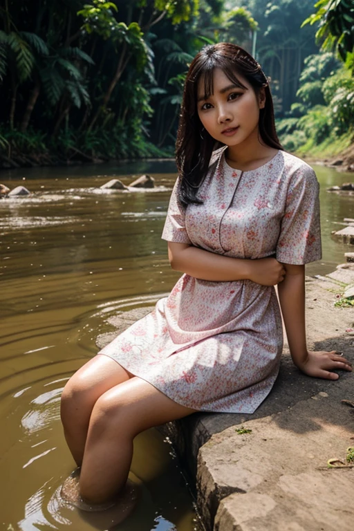 Ilustrasikan secara realistik seorang wanita usia 25 tahun sedang duduk di tepian sungai, berwajah cantik, manis memakai baju renang yang siap melompat ke air.