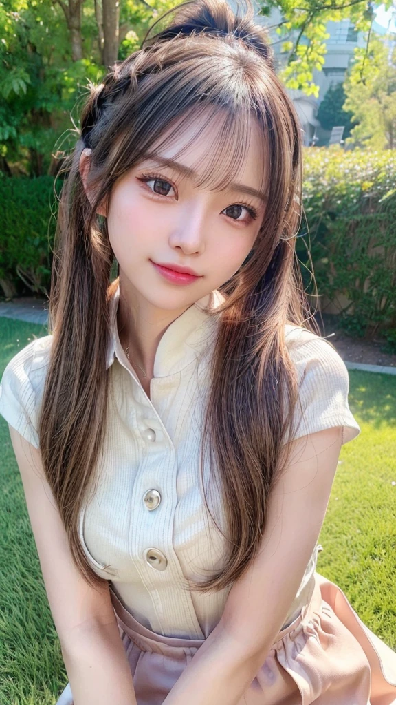 One piece with collar,outdoors,Urban Park,On the lawn,Ultra-detailed, finely detail, hight resolution, 8K Wallpaper, Perfect dynamic composition, Beautiful detailed eyes,Outdoor,Close-up of face,Outdoor,Blushing,Facing forward,,Long hair ponytail,((8K, Raw photo, Best Quality, Mastepiece:1.2), (Realism, Photorealistic:1.4), (Highly detailed 8k wallpaper), Depth of written boundary, Cinematic Lighting, Soft Light, Detailed Beauty Eye,Shiny and smooth light brown ponytail, Asymmetrical bangs, Shiny skin, Ultra-detailed skins ,It is high resolution., High detail, Detailed hairstyle, Detailed facial beauty, Hyper-realistic, Perfect limbs, Perfect Anatomy ,1 Japanese girl,Famous Japanese Idols, Perfect female body,A shy smile,Short eyelashes,Double-edged eyelids,Look straight here,Hair style: ponytail,